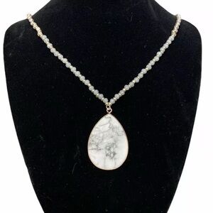 White Beaded Necklace with Marble Teardrop Pendant Long, Elegant Boho Statement